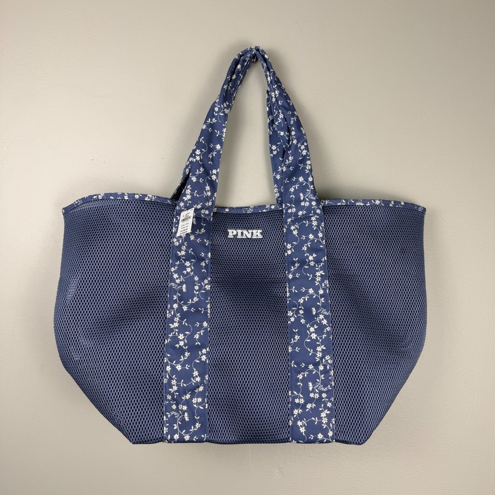 Victoria's Secret Pink Tote Bag Women's Blue Mesh Floral Trim Pool Beach Top Zip